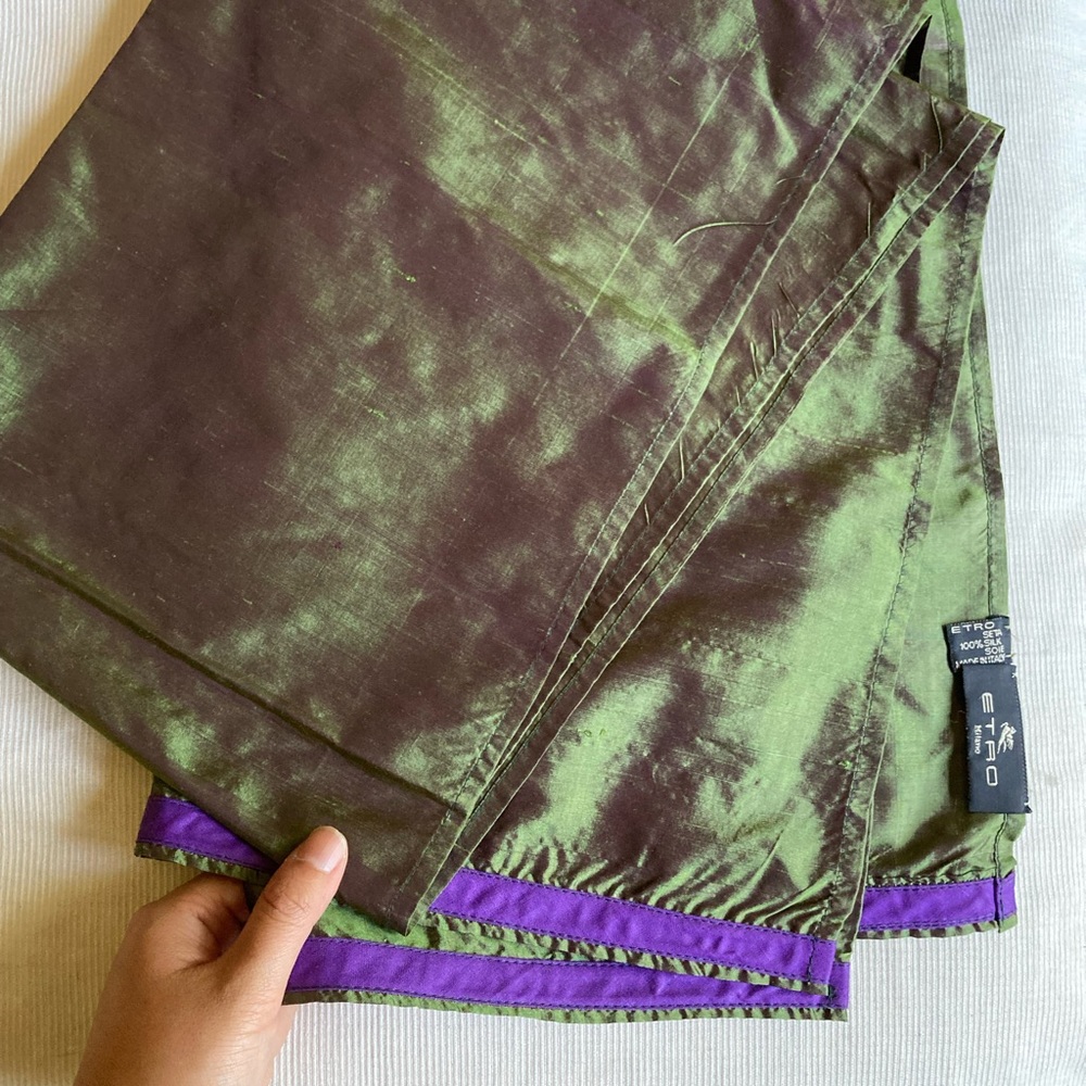 Vintage ETRO Italy Raw Silk Olive Green Purple Sheen Oblong Scarf Shawl 56”x18” - Picture 5 of 13